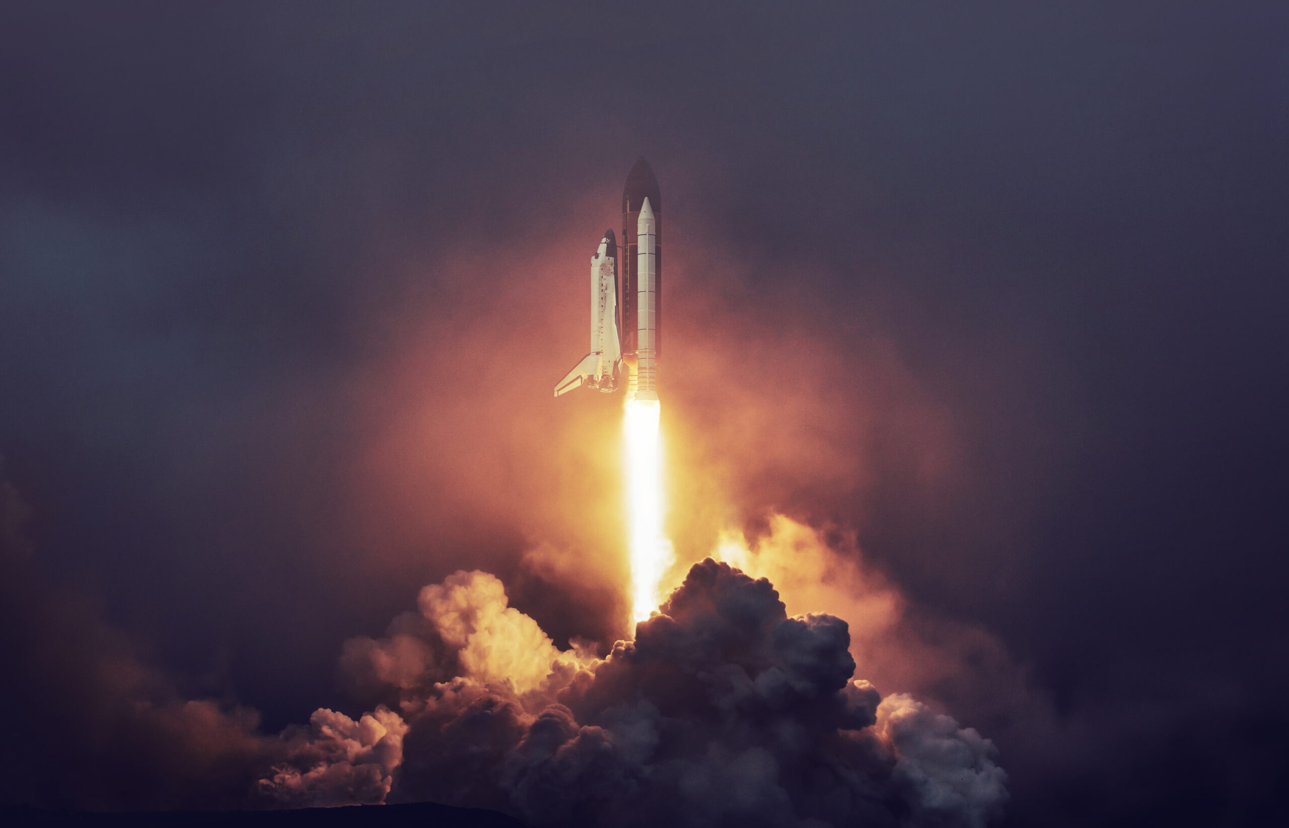 Rocket liftoff. Shuttle spaceship launch in the clouds sky. Spaceship begins the mission. Space shuttle taking off on a mission. Concept space travel to mars